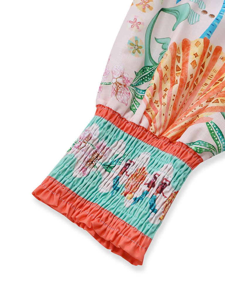 Orange 1970s Boho Pastel Print Button Tie-Waist Dress - vintage dress, retro fashion for vintage lovers