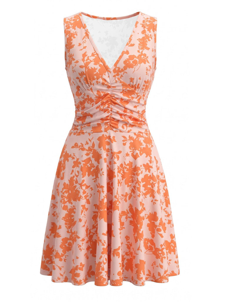 Orange 1970s Deep V-Neck Floral Print Sleeveless Ruched Dress, vintage dress, retro fashion, floral print - perfect for women who love vintage and retro fashion
