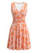 Orange 1970s Deep V-Neck Floral Print Sleeveless Ruched Dress, vintage dress, retro fashion, floral print - perfect for women who love vintage and retro fashion