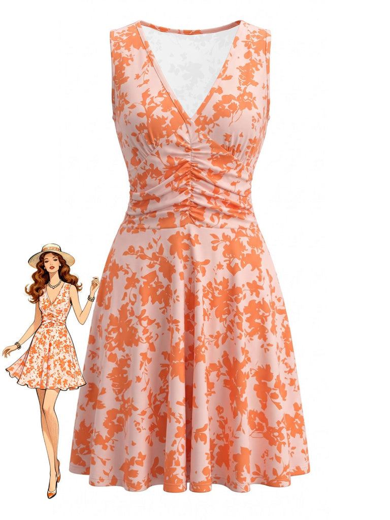 Orange 1970s Deep V-Neck Floral Print Sleeveless Ruched Dress, vintage dress, retro fashion, floral print - perfect for women who love vintage and retro fashion