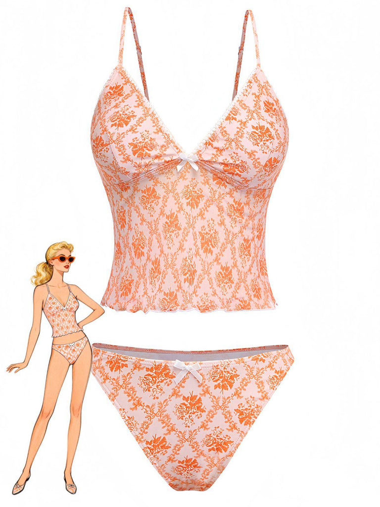 Orange 1970s Deep V-Neck Floral Print Tankini Set - vintage fashion, retro style