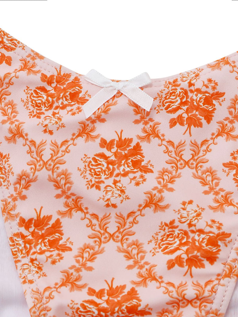 Orange 1970s Deep V-Neck Floral Print Tankini Set - vintage fashion, retro style