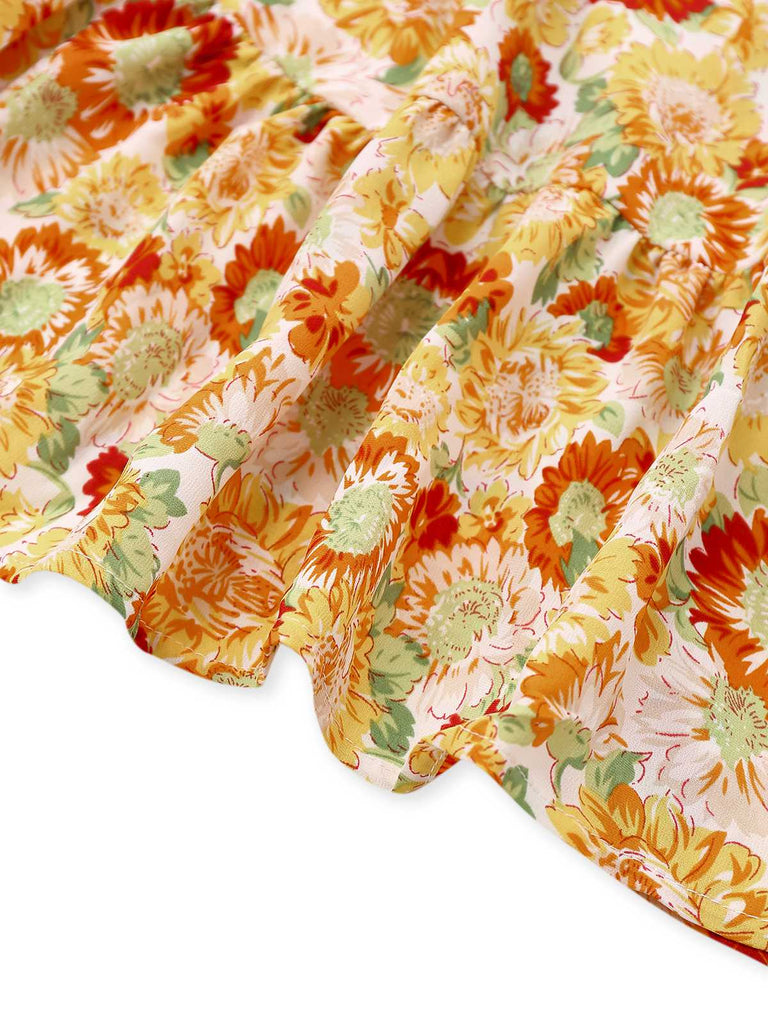 Orange 1970s Deep V-Neck Sunflower Boho Dress - vintage dress, retro fashion