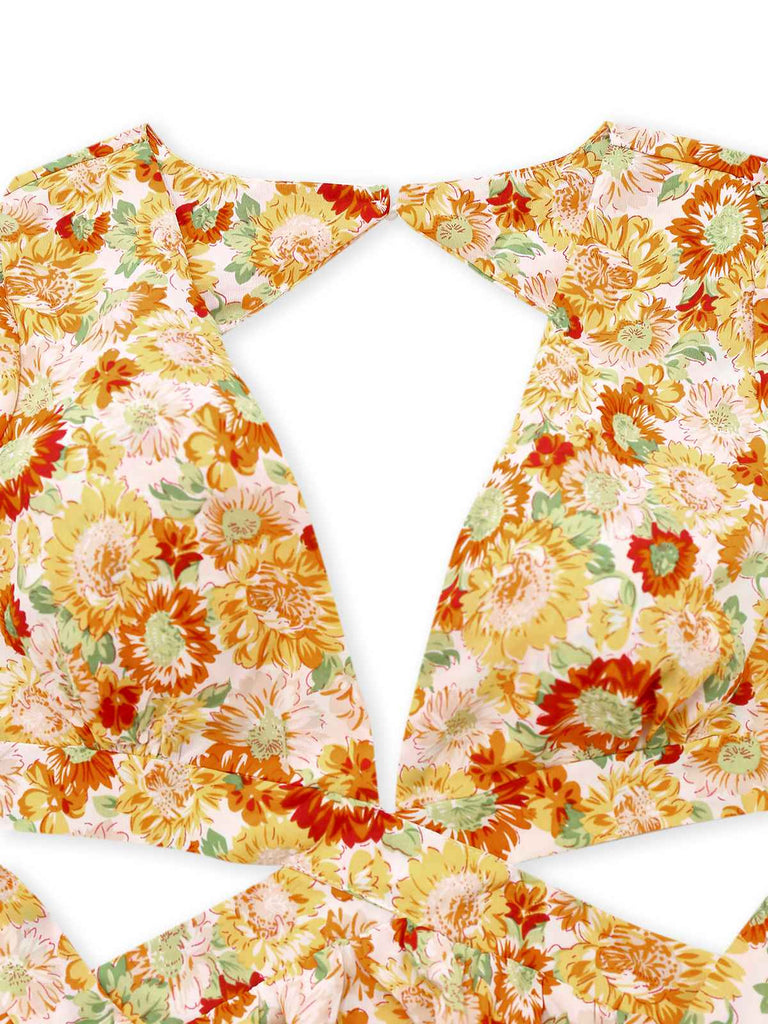 Orange 1970s Deep V-Neck Sunflower Boho Dress - vintage dress, retro fashion