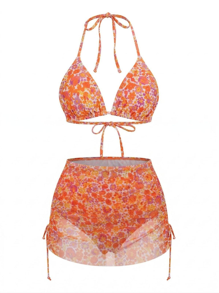 Orange 1970s Floral Halter Bikini Set & Cover-Up - vintage swimsuit, pin-up swimwear for vintage lovers