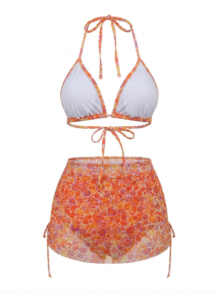 Orange 1970s Floral Halter Bikini Set & Cover-Up - vintage swimsuit, pin-up swimwear for vintage lovers