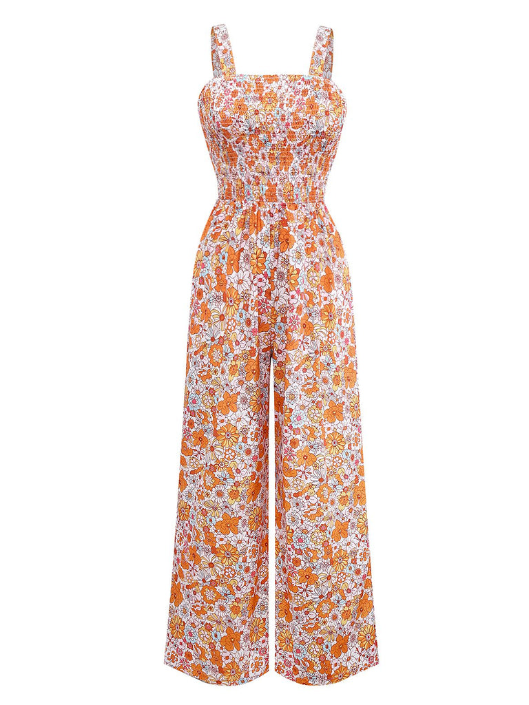 Orange 1970s Floral Print Wide Leg Jumpsuit - vintage jumpsuit, retro fashion