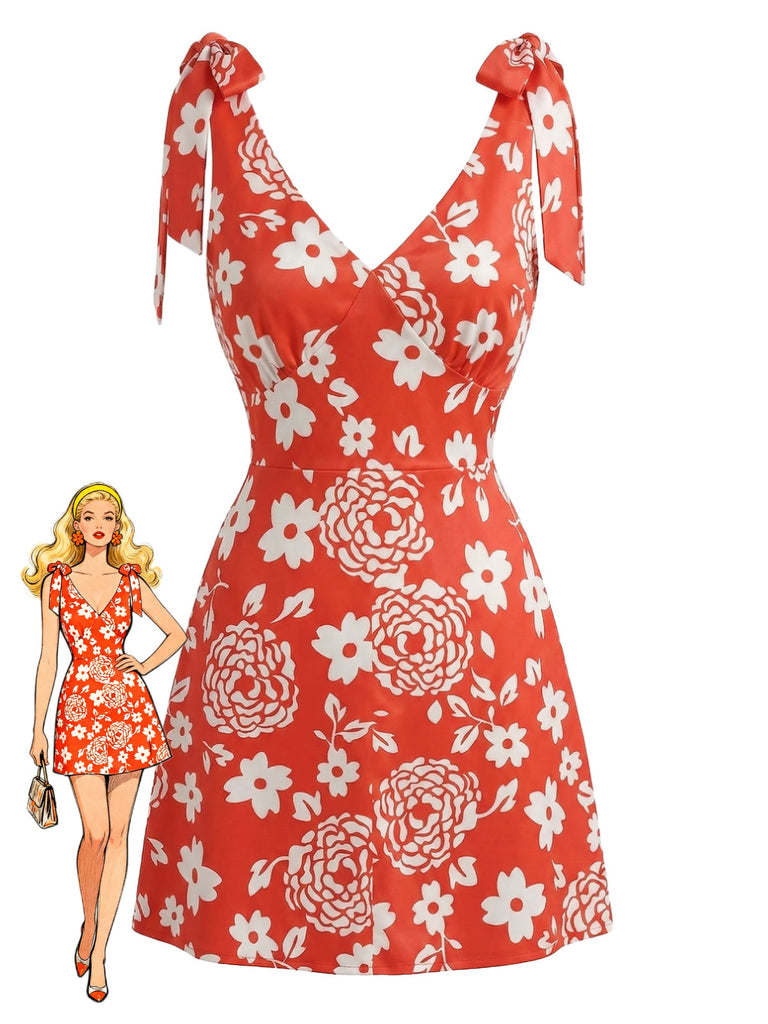 Orange 1970s Floral V-Neck Tie-Strap Mini Dress - vintage dress, retro fashion, floral print for vintage lovers