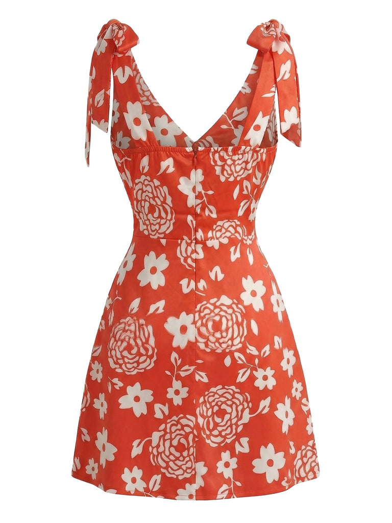 Orange 1970s Floral V-Neck Tie-Strap Mini Dress - vintage dress, retro fashion, floral print for vintage lovers