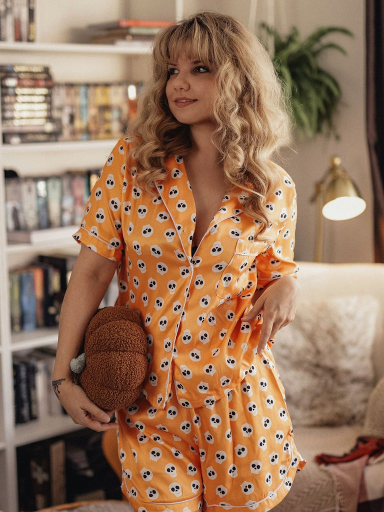 Orange 1970s Halloween Cartoon Skull Pajamas, vintage pajamas, retro nightwear - perfect for women who love vintage and retro fashion