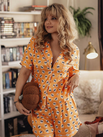 Orange 1970s Halloween Cartoon Skull Pajamas, vintage pajamas, retro nightwear - perfect for women who love vintage and retro fashion