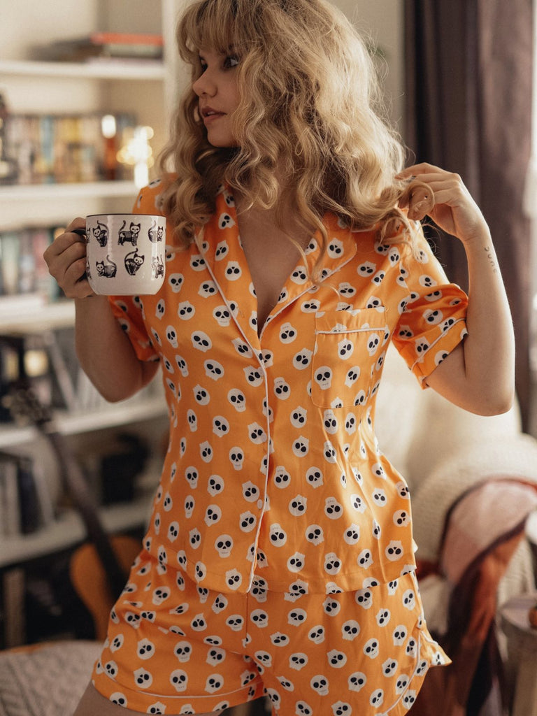 Orange 1970s Halloween Cartoon Skull Pajamas, vintage pajamas, retro nightwear - perfect for women who love vintage and retro fashion