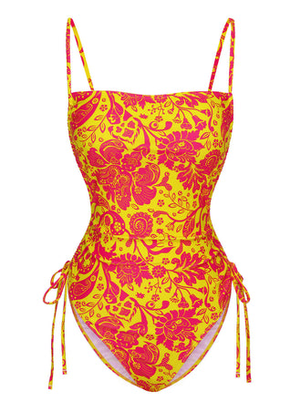 Orange 1970s Russian Floral Drawstring Strap Swimsuit, vintage swimsuit, pin-up swimwear - perfect for women who love vintage and retro fashion