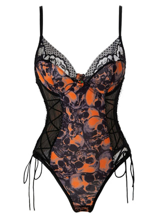 Orange 1970s Skull Lace Spaghetti Strap Bodysuit - vintage fashion, retro style
