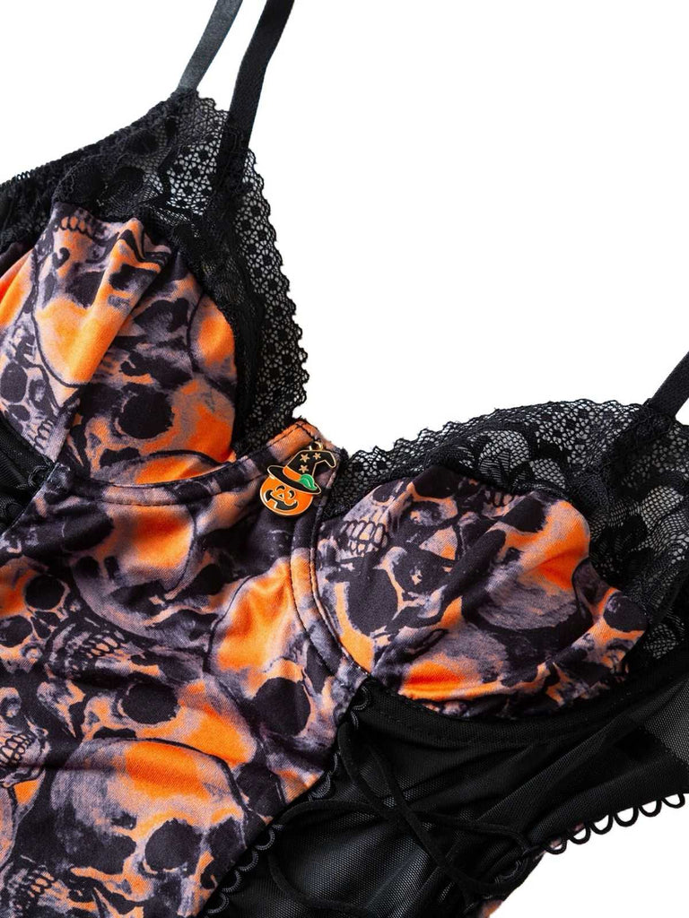 Orange 1970s Skull Lace Spaghetti Strap Bodysuit - vintage fashion, retro style