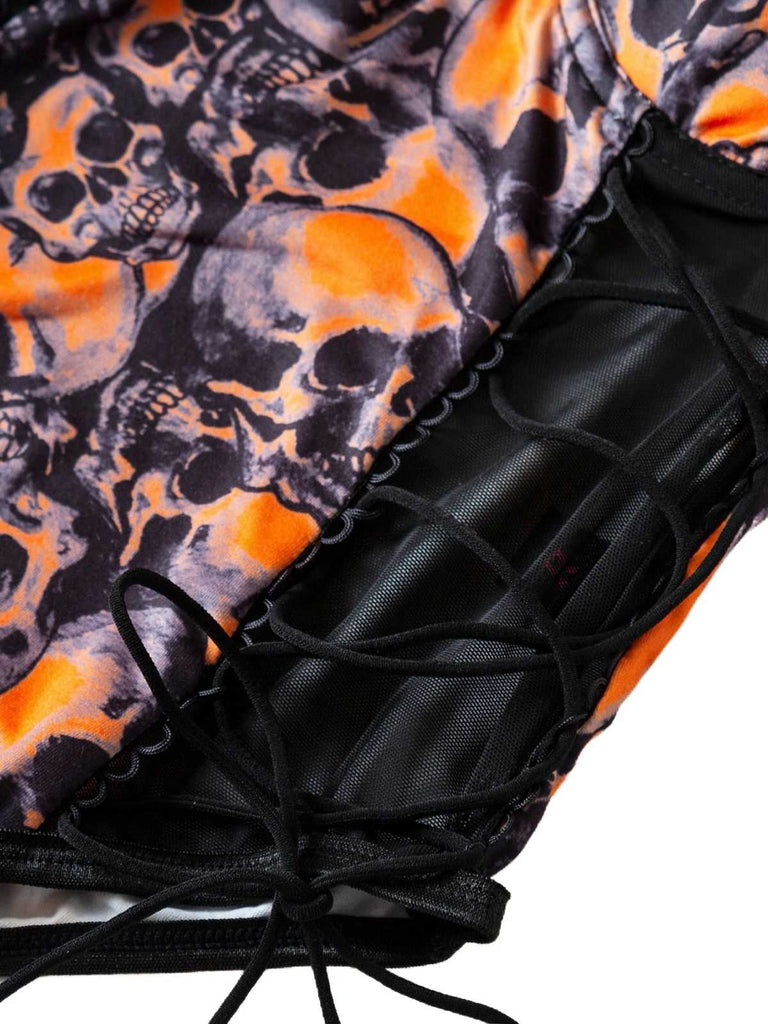 Orange 1970s Skull Lace Spaghetti Strap Bodysuit - vintage fashion, retro style