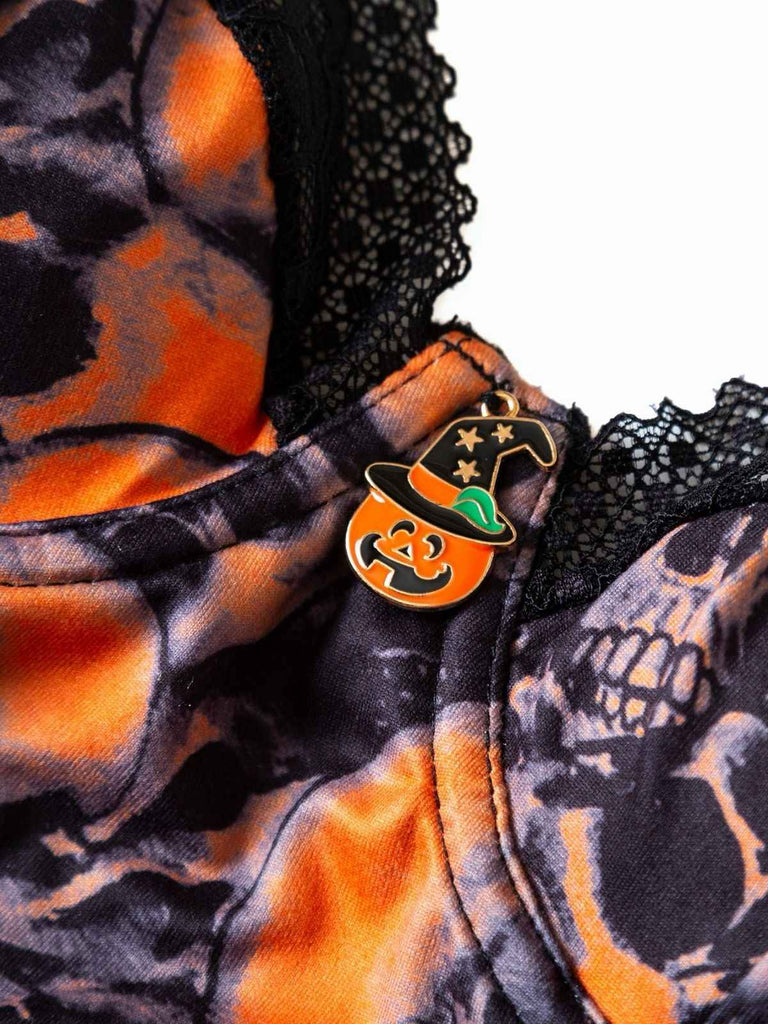 Orange 1970s Skull Lace Spaghetti Strap Bodysuit - vintage fashion, retro style