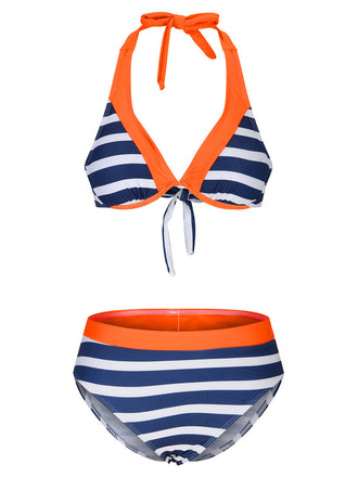 She's wearing Orange & Blue 1960s Halter Striped Swimsuit and the whole beach remembers the 1960s