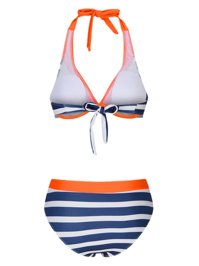 Orange & Blue 1960s Halter Striped Swimsuit: 1960s Riviera elegance, reimagined for her