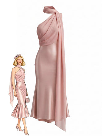 Orange Pink 1930s Satin One Shoulder Scarf Mermaid Dress, vintage dress, retro fashion - perfect for women who love vintage and retro fashion