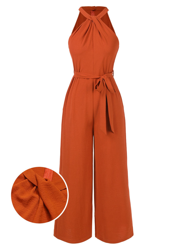 She finds her 1930s story in this Orange Red 1930s Solid Twist Jumpsuit