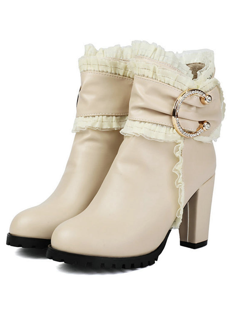 PU Leather Lace-Trimmed Chunky Heel Ankle Boots - vintage shoes, retro heels