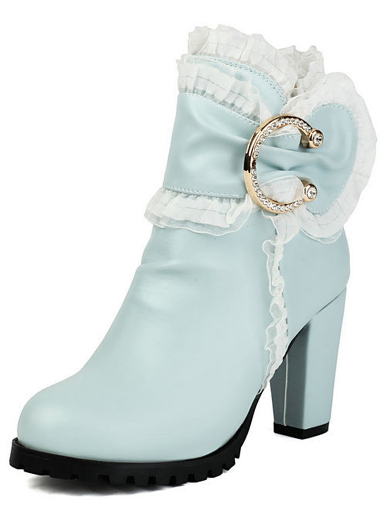 PU Leather Lace-Trimmed Chunky Heel Ankle Boots - vintage shoes, retro heels