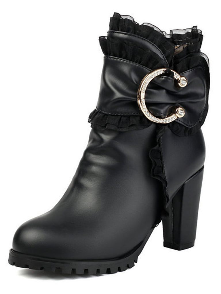 PU Leather Lace-Trimmed Chunky Heel Ankle Boots - vintage shoes, retro heels