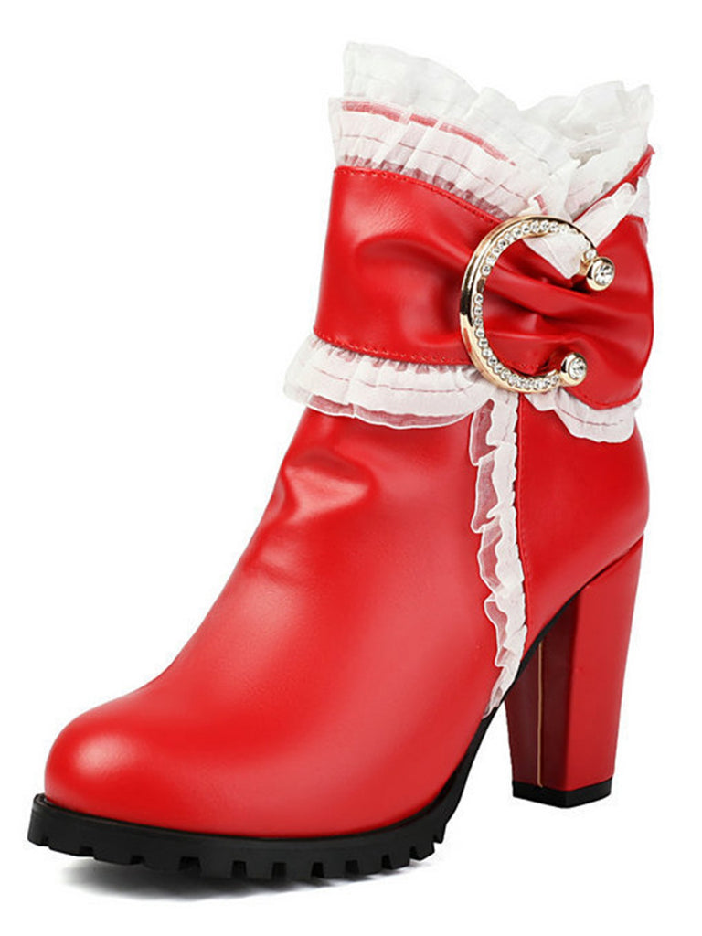 PU Leather Lace-Trimmed Chunky Heel Ankle Boots - vintage shoes, retro heels