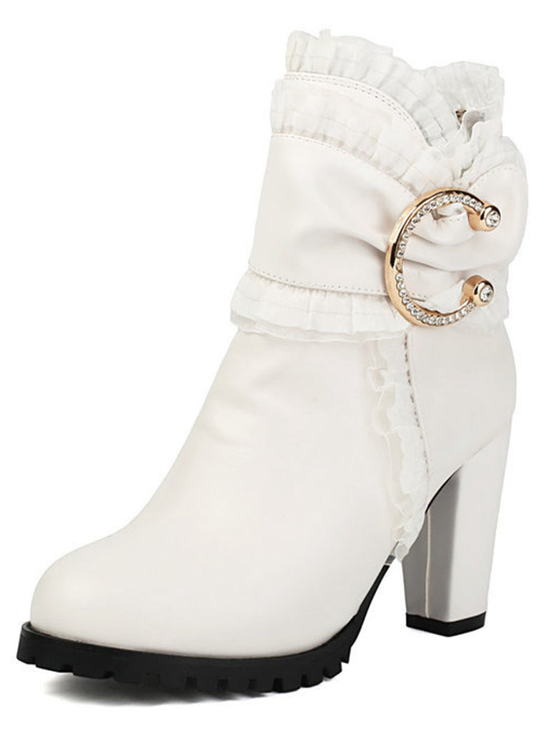 PU Leather Lace-Trimmed Chunky Heel Ankle Boots - vintage shoes, retro heels