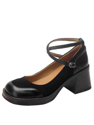 She finds her vintage story in this PU Leather Patchwork Square Toe Chunky Heels