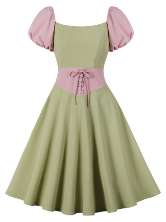 Pale Green 1950s Contrast Puff Sleeves Dress, vintage dress, retro fashion, rockabilly, pin-up fashion - perfect for women who love vintage and retro fashion