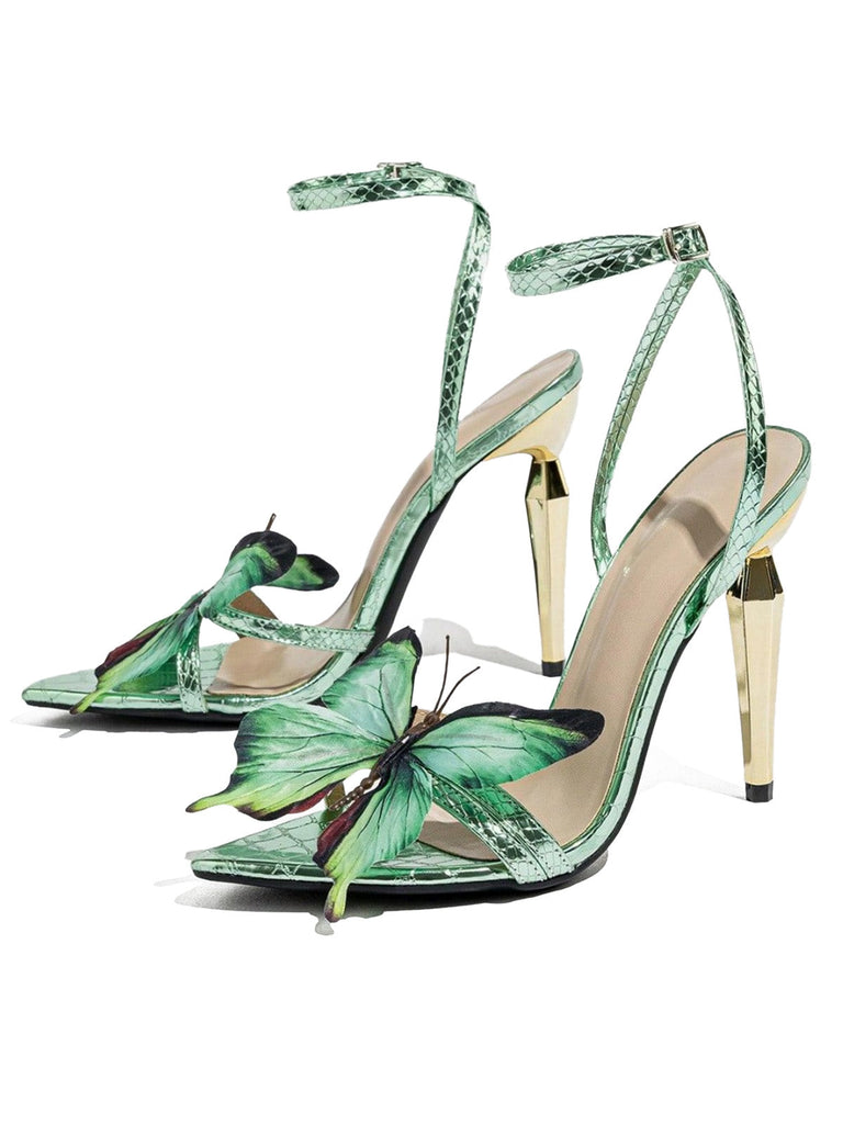 Pale Green 1970s Butterfly Embellished Stiletto High Heels