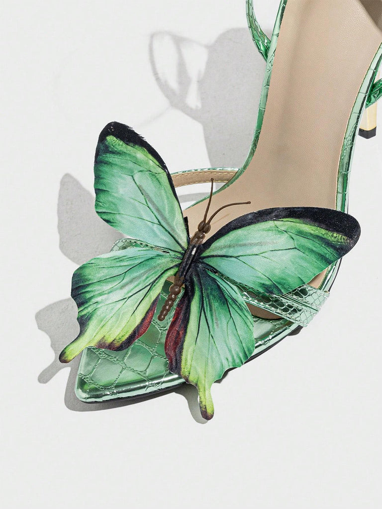 Pale Green 1970s Butterfly Embellished Stiletto High Heels 4