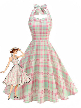 Pale Pink 1950s Plaid Halter Backless Dress - vintage dress, retro fashion, rockabilly