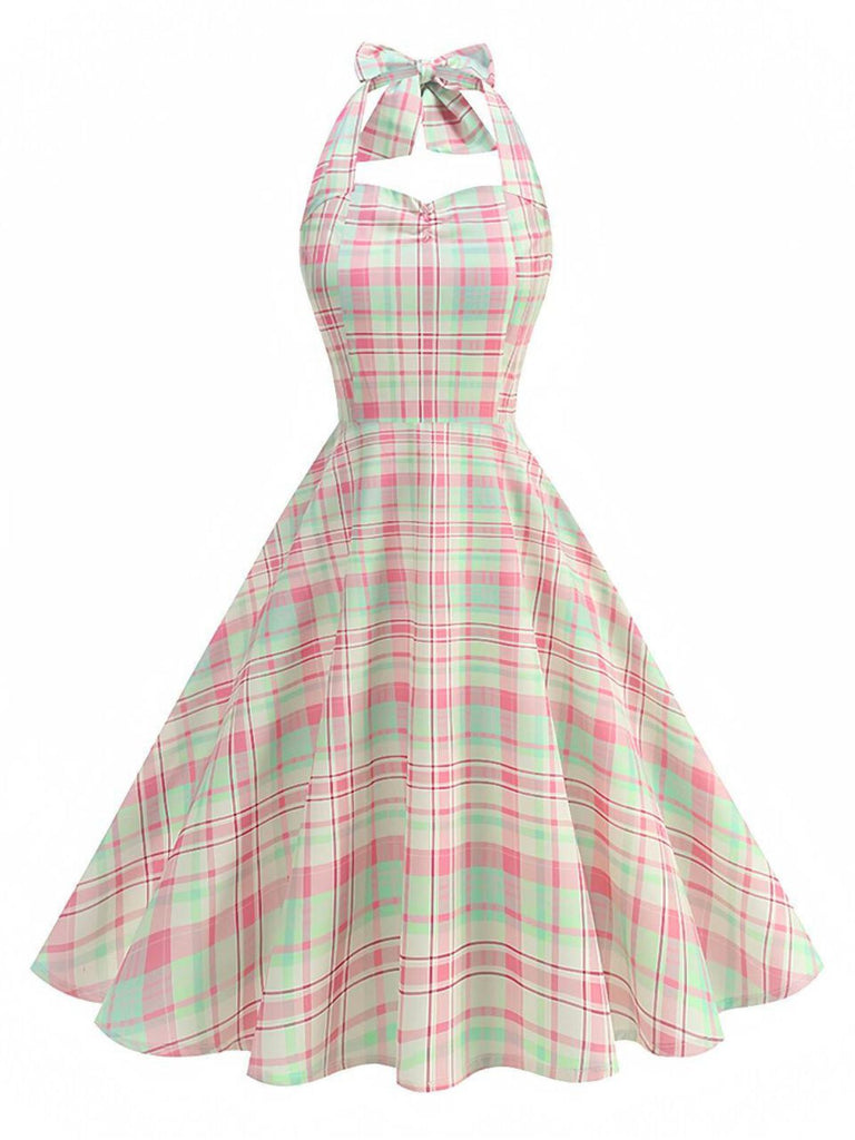 Pale Pink 1950s Plaid Halter Backless Dress - vintage dress, retro fashion, rockabilly