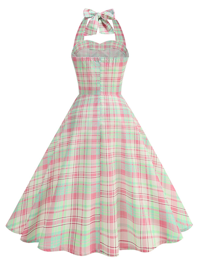 Pale Pink 1950s Plaid Halter Backless Dress - vintage dress, retro fashion, rockabilly