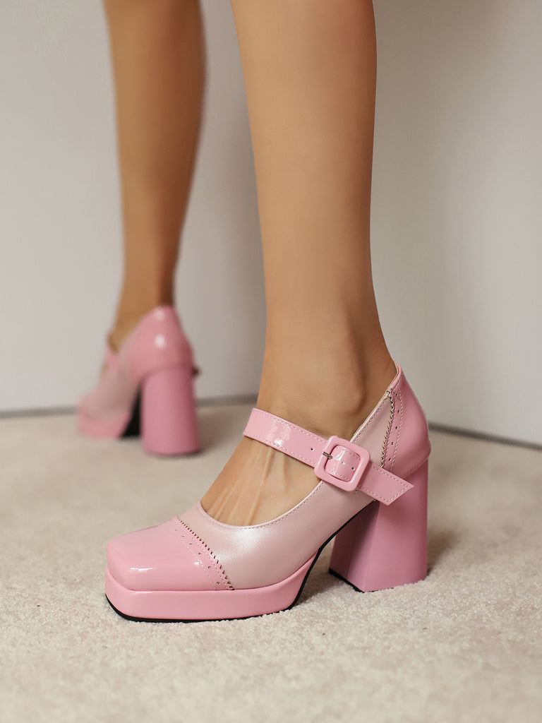 Patent Leather Block Heel Square Toe High Heels - vintage shoes, retro heels