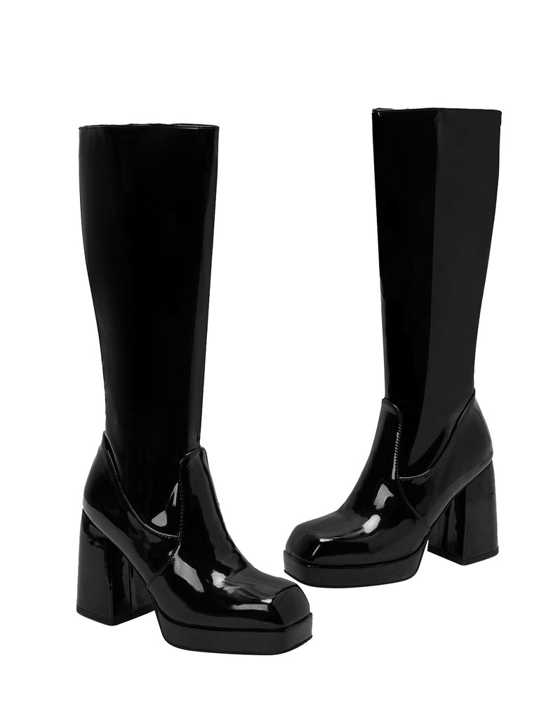 Patent Leather Round Toe Solid High Heel Boots, vintage fashion, retro style - perfect for women who love vintage and retro fashion