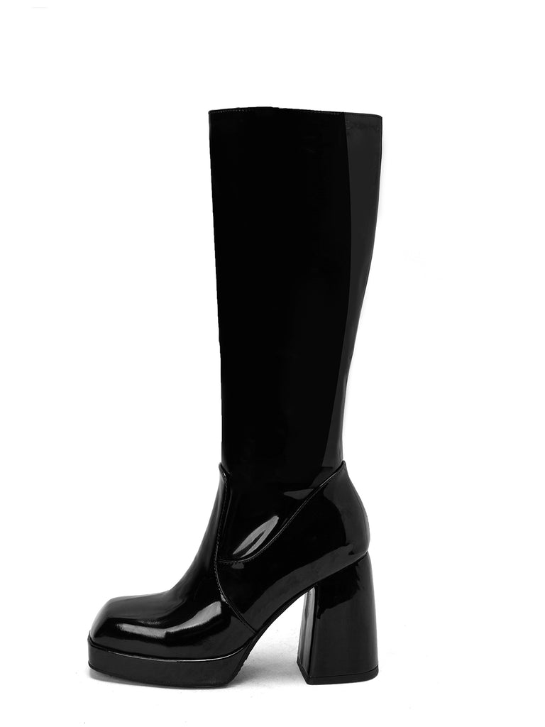 Patent Leather Round Toe Solid High Heel Boots, vintage fashion, retro style - perfect for women who love vintage and retro fashion