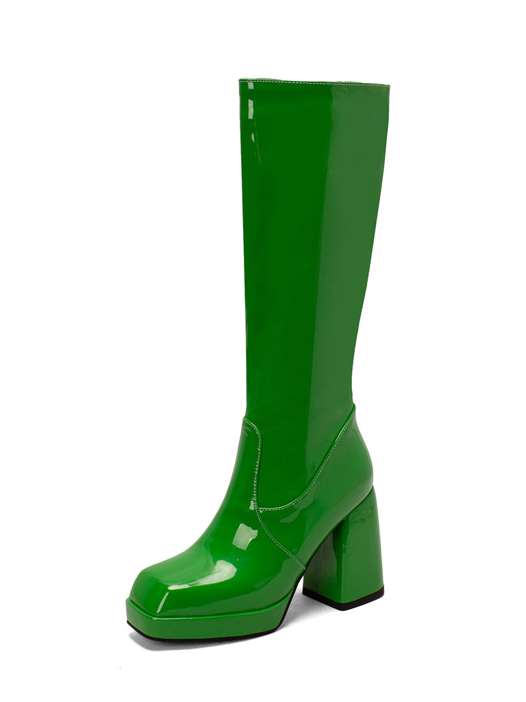 Patent Leather Round Toe Solid High Heel Boots, vintage fashion, retro style - perfect for women who love vintage and retro fashion