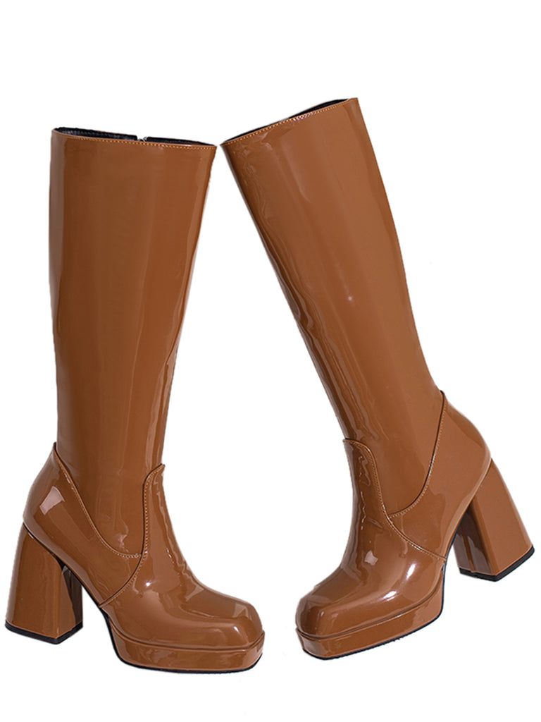 Patent Leather Round Toe Solid High Heel Boots, vintage fashion, retro style - perfect for women who love vintage and retro fashion