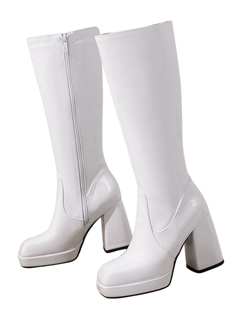 Patent Leather Round Toe Solid High Heel Boots, vintage fashion, retro style - perfect for women who love vintage and retro fashion