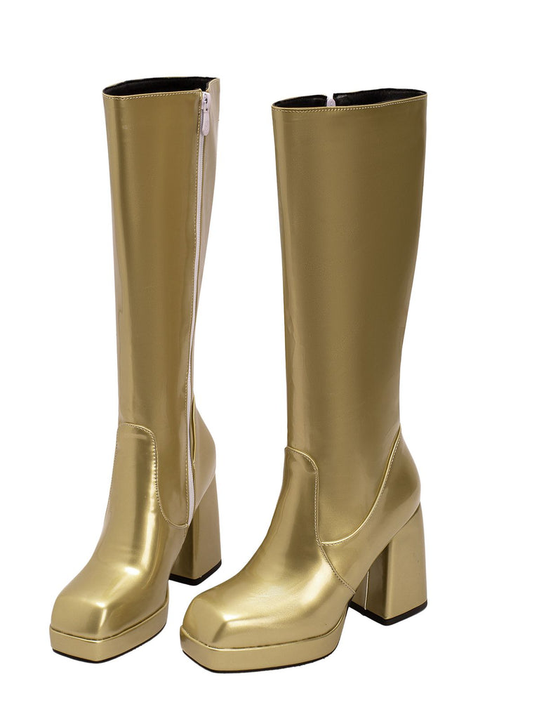 Patent Leather Round Toe Solid High Heel Boots, vintage fashion, retro style - perfect for women who love vintage and retro fashion