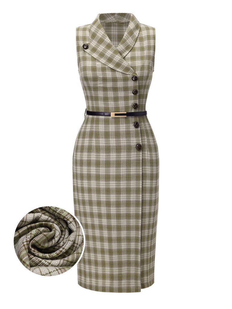 Pea Green 1960s Lapel Buttoned Tartan Dress - vintage dress, retro fashion