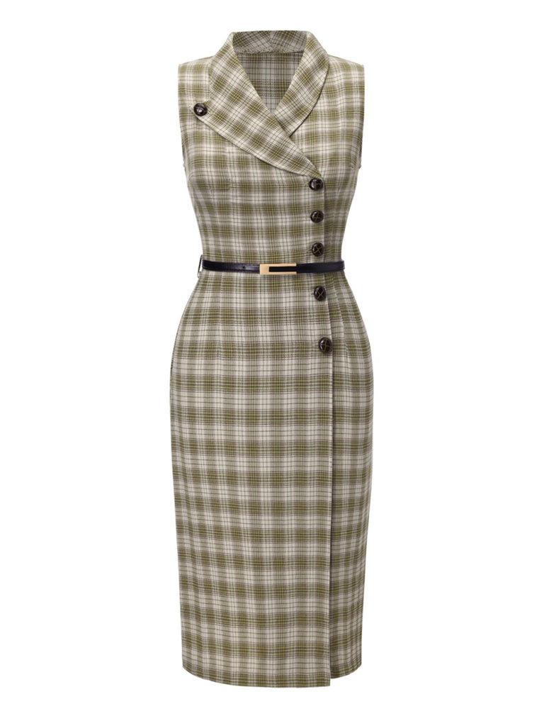 Pea Green 1960s Lapel Buttoned Tartan Dress - vintage dress, retro fashion