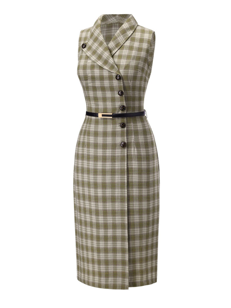 Pea Green 1960s Lapel Buttoned Tartan Dress - vintage dress, retro fashion