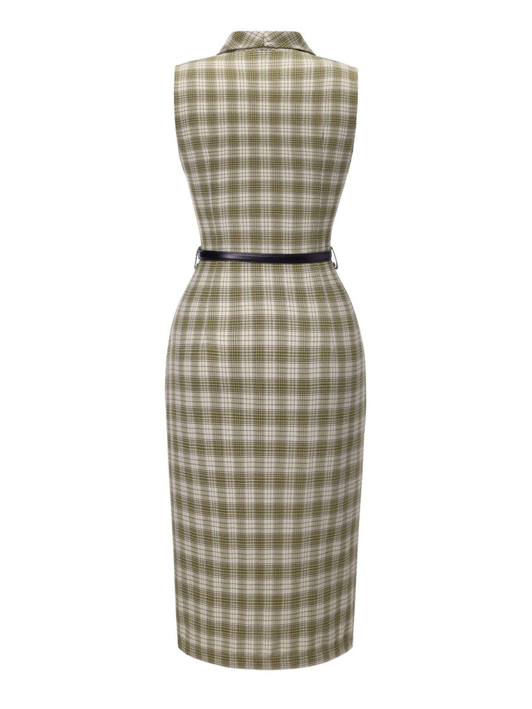 Pea Green 1960s Lapel Buttoned Tartan Dress - vintage dress, retro fashion