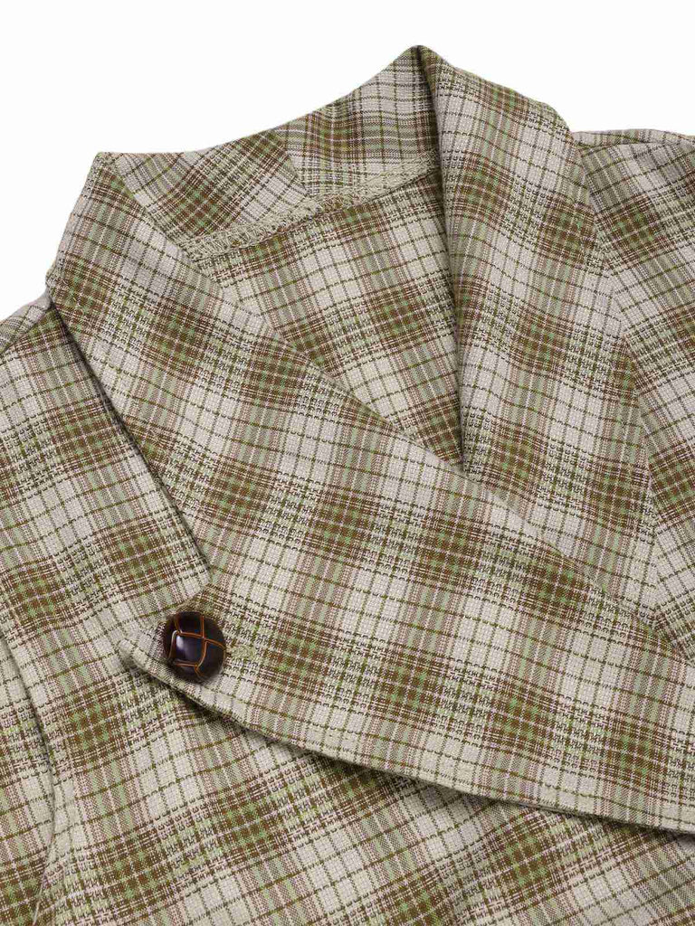Pea Green 1960s Lapel Buttoned Tartan Dress - vintage dress, retro fashion