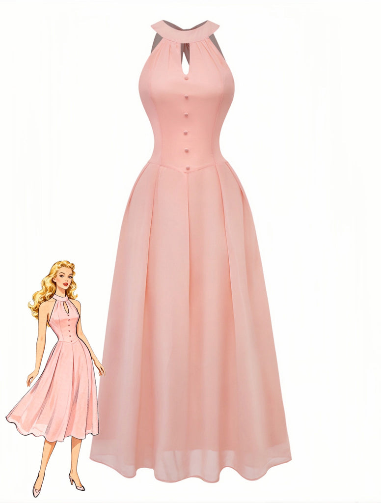 Peach 1940s Halter Cutout Button-Front Maxi Dress - vintage dress, retro fashion, elegant style for vintage lovers